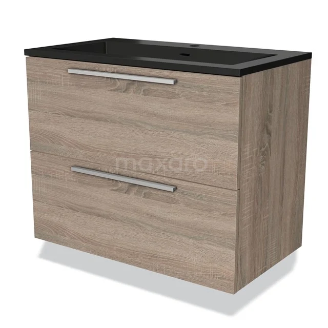Houten badkamermeubel met twee laden, modern design, zwart wastafelblad, ideaal voor stijlvolle badkameropbergoplossingen.