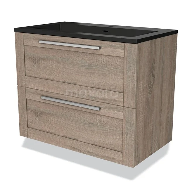 Wooden bathroom unit with two drawers and black basin worktop, modern design, ideal for stylish bathroom storage.