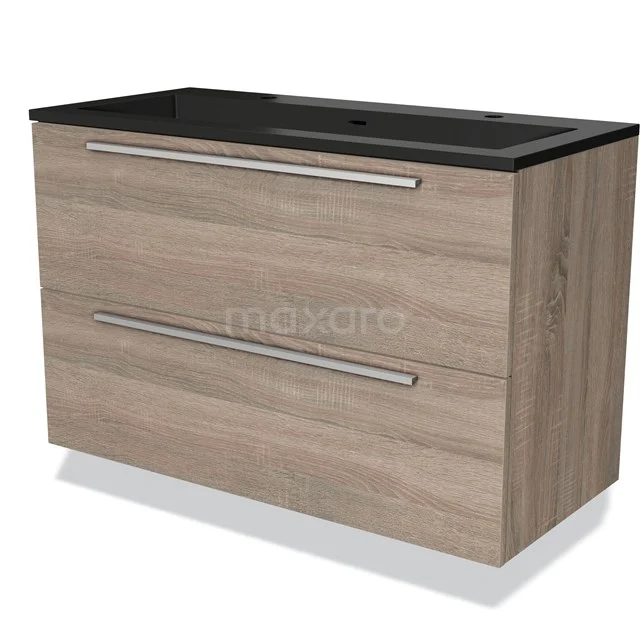 Houten badkamermeubel met twee brede lades, zwart wastafelblad, modern design en metalen handgrepen voor een stijlvolle uitstraling.