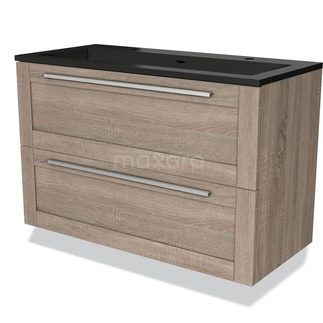 Houten badkamermeubel met twee brede ladekasten, zwart wastafelblad en metalen grepen, ideaal voor moderne badkamers.
