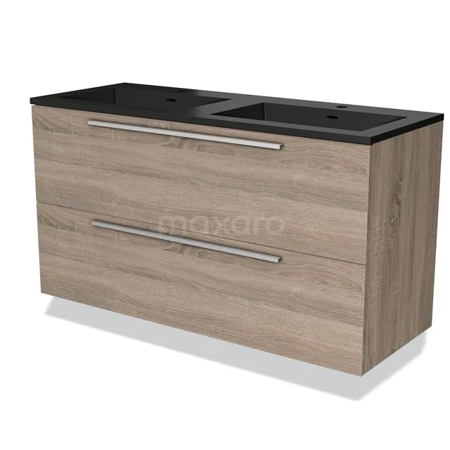 Houten badkamermeubel met zwart wastafelblad, dubbele lades en moderne handgrepen, ideaal voor een stijlvolle badkamer inrichting.