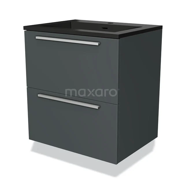 Antraciet badkamermeubel met zwart wastafelblad, twee lades en strak design; ideaal voor moderne badkamers.