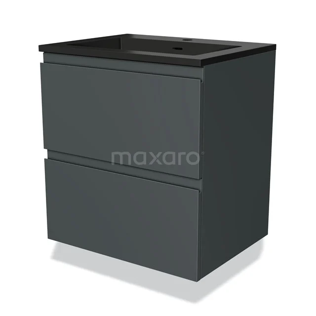 Antraciet grijze badkamerkast met dubbele lades, zwart wastafelblad, strak design, ideaal voor moderne badkamerruimtes.