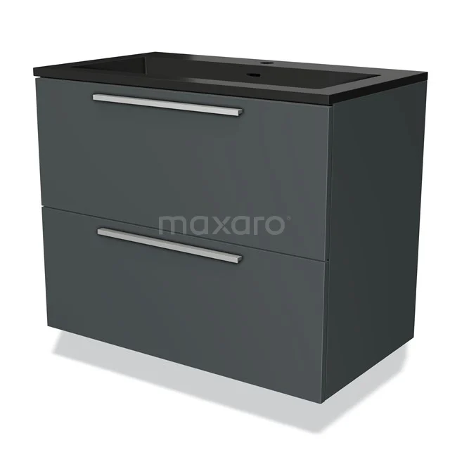 Dark grey bathroom furniture set with two drawers, black basin and modern handles, ideal for stylish bathroom storage.