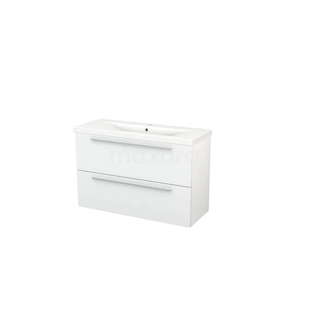 Modulo+ Slim Vanity units with basin | 100 cm High-gloss white Flat front Ceramic 2 Stacked drawers BMS000115 White bathroom unit with double drawers, glossy finish and integrated vanity units with basin, ideal for modern bathrooms.