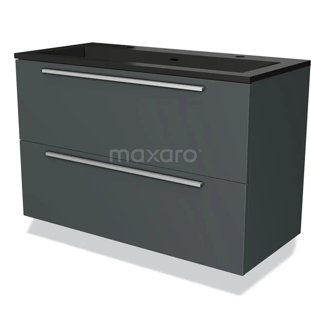 Antraciet badkamermeubel met twee lades, strakke handgrepen en zwart wastafelblad; modern design voor elke badkamer.