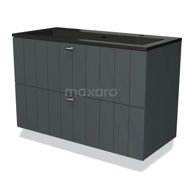 Grijze badkamermeubel met zwarte wastafel, moderne verticale lijnen, twee lades, ideale keuze voor stijlvolle badkameropslag.