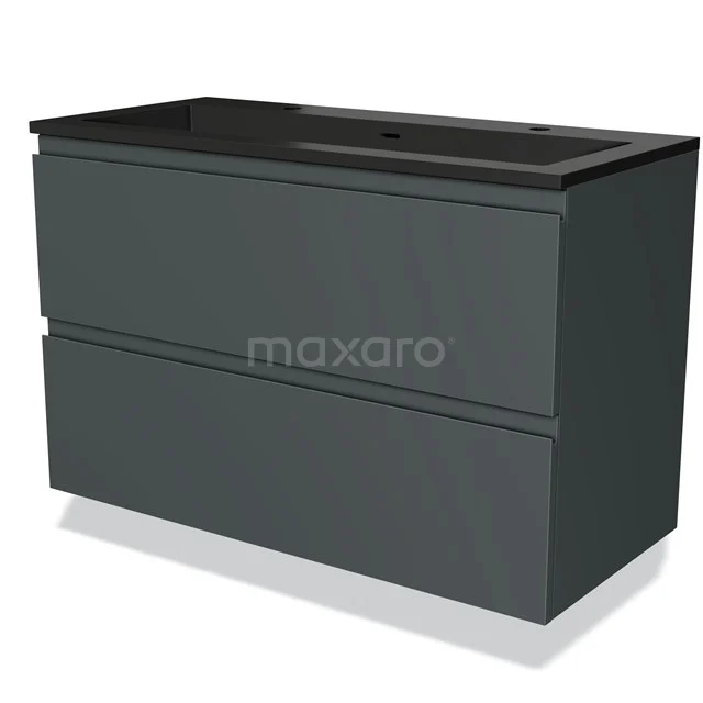 Dunkelgraue Badmöbelset mit zwei Schubladen, matter Oberfläche und integriertem Waschbecken, ideal für moderne Bäder.