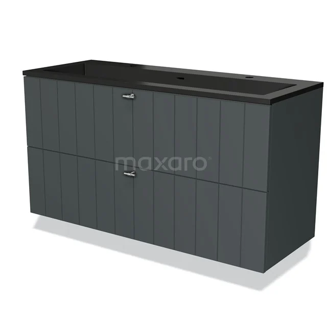 Anthracite bathroom unit with vanity units with basin in black, modern design, double chest of drawers with vertical grooves for a sleek interior.