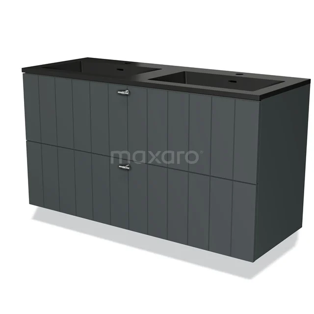 Dark grey bathroom furniture set with double basin, clean design and vertical lines, perfect for modern bathrooms.