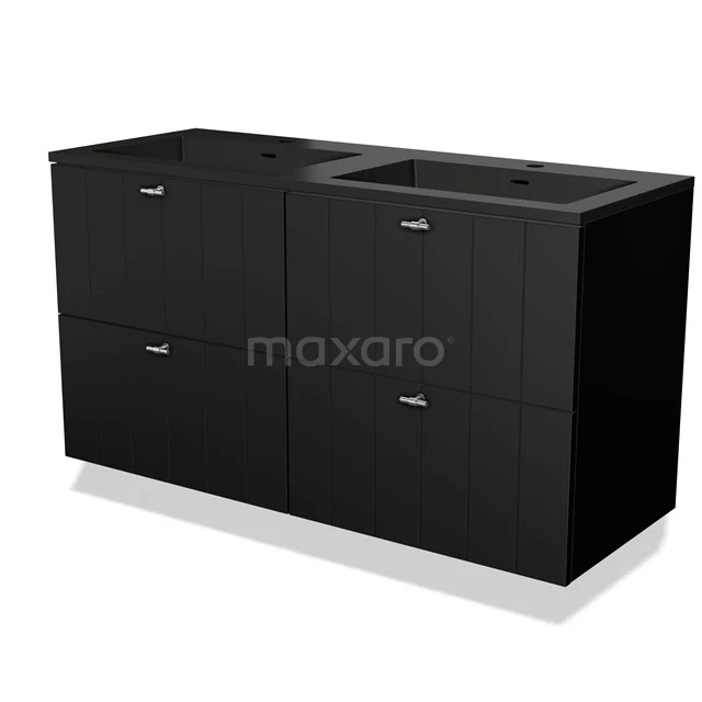 Zwarte dubbele wastafelmeubel, modern design met ladekasten, ideaal voor een stijlvolle badkamer inrichting.