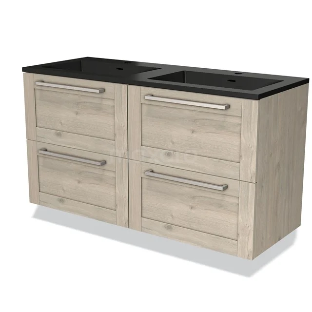 Dubbele badkamermeubelset van hout met zwart wastafelblad, inclusief vier lades en moderne handgrepen voor extra opslagruimte.