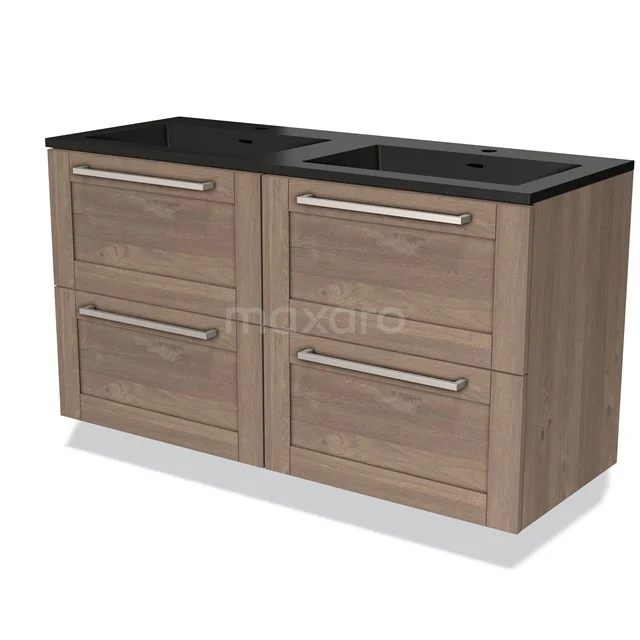 Hölzernes Badezimmermöbel mit vier Schubladen, schwarzer Verbundwaschtischplatte und doppelten Waschbecken, stilvolles und funktionales Design.