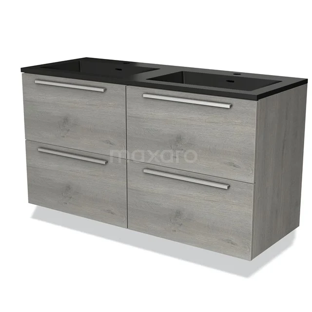 Grijze houten badkamermeubel met dubbele zwarte wasbak, vier lades en moderne metalen handgrepen.