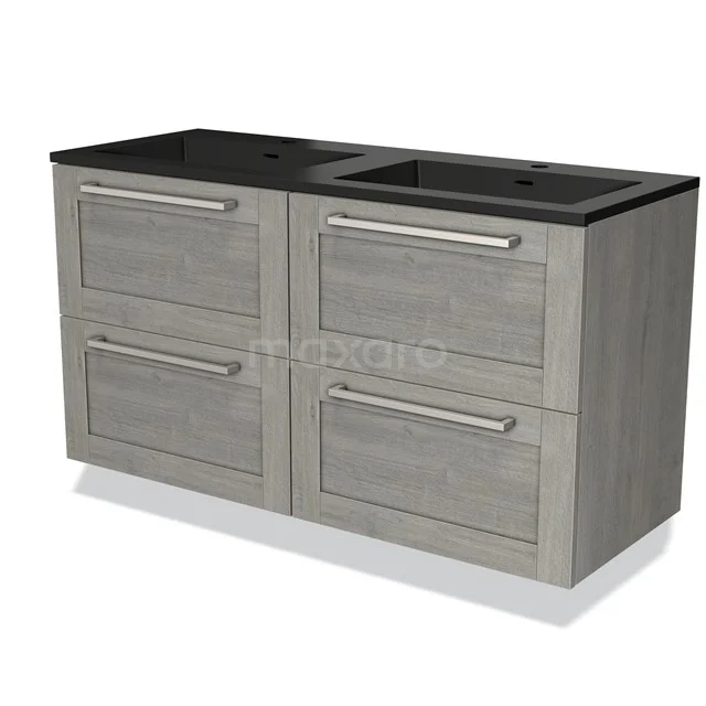 Graues Holz Badezimmermöbel mit doppeltem schwarzen Waschbecken, vier Schubladen und modernen Haltegriffen, ideal für ein modernes Badezimmer.