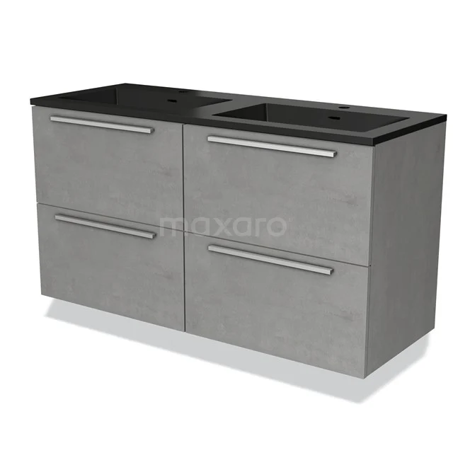 Grijze badkamermeubelset met vier lades, zwart stenen wastafelblad, modern design en stalen handgrepen.