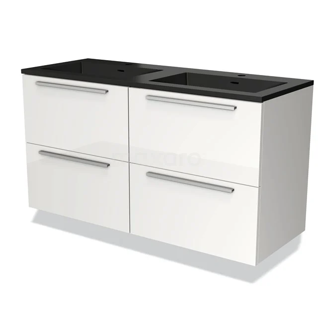 White bathroom furniture set with black basin worktop, four drawers and modern metal handles, ideal for stylish bathrooms.