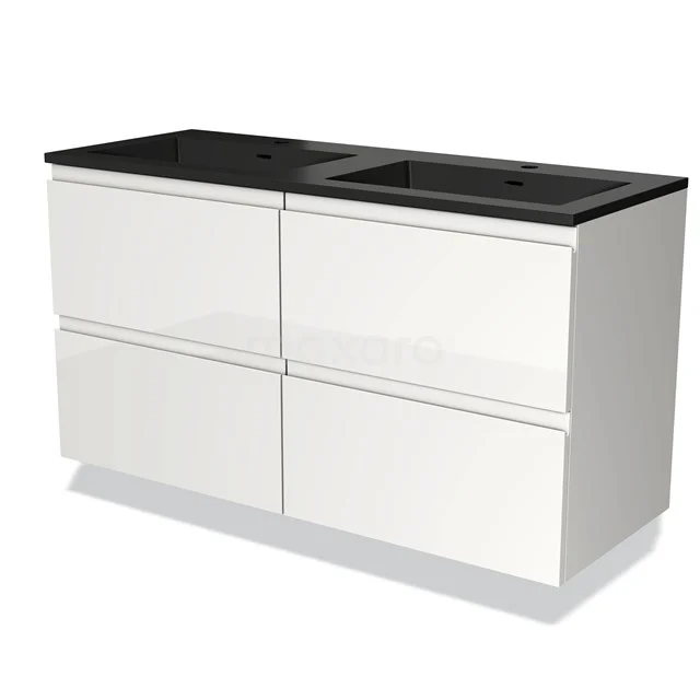 Wit hangend badkamermeubel met zwarte dubbele wastafel, strak design en vier lades, ideaal voor moderne badkamers.