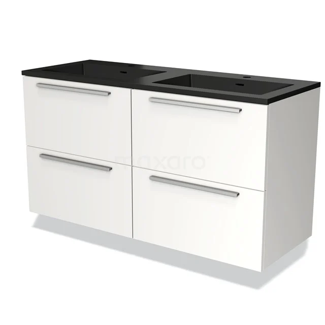 Wit badkamermeubel met vier lades en zwarte wastafel, modern design, ideaal voor stijlvolle badkameropslag.