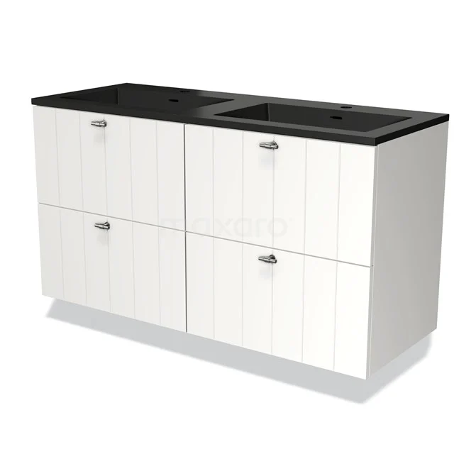 White Bathroom unit with black vanity units with basin, four handleless drawers, modern style and durable materials for contemporary bathrooms.