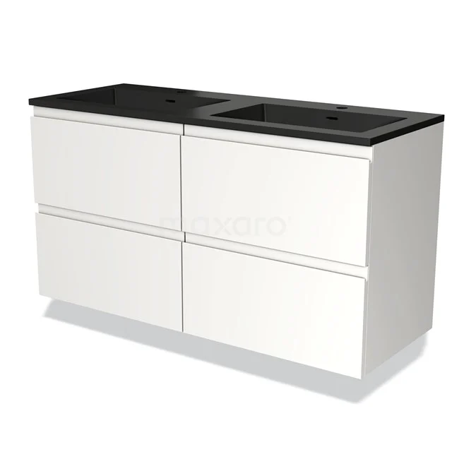 Wit badkamermeubel met vier lades, zwart natuurstenen wastafelblad, moderne uitstraling, ideaal voor stijlvolle badkamerinrichting.
