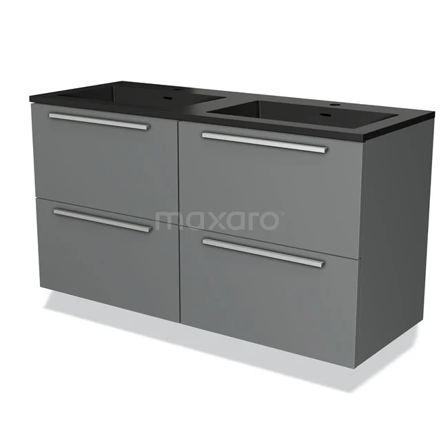 Grijze badkamermeubelset met dubbele zwarte wastafel, modern design, vier lades en strakke metalen handgrepen.