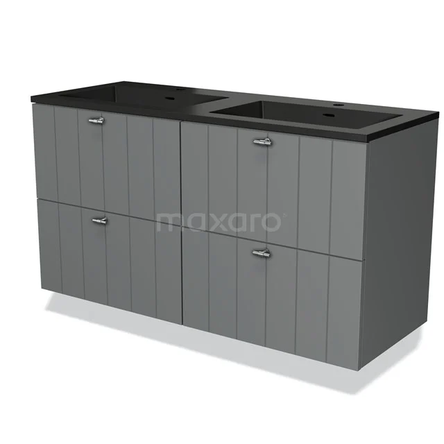 Grey double vanity unit with black stone worktop, ribbed pattern on doors; stylish bathroom design.