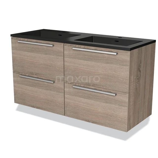 Houten badkamermeubel met dubbele zwarte wastafel, vier lades en metalen handgrepen, modern design uit Milano-serie.