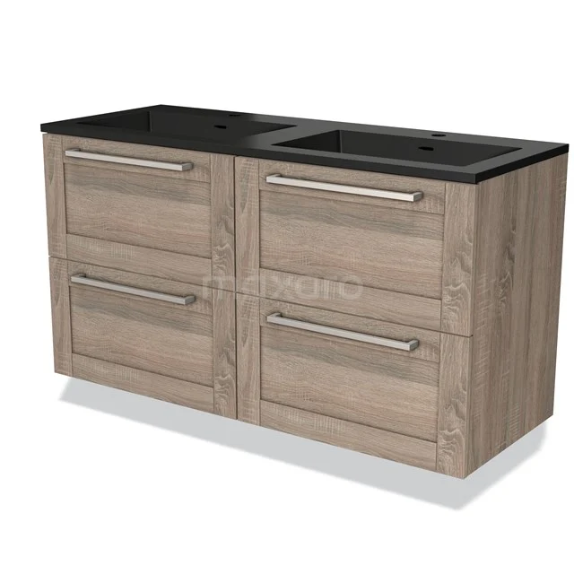 Wooden bathroom unit with four drawers, black basin worktop and modern handles, ideal for stylish bathroom design.