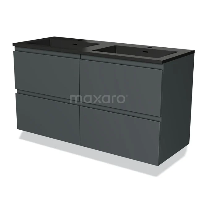 Dubbele zwarte badkamermeubelset met strak design, voorzien van vier lades en mat afwerking voor een moderne badkamerstijl.