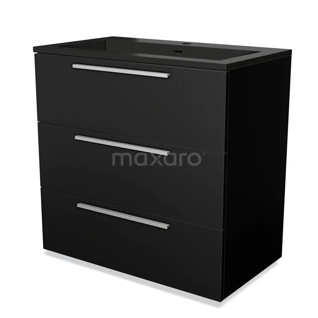 Schwarzer Badschrank mit integriertem Waschbecken, minimalistisches Design, zwei Schubladen, ideal für stilvolle Badezimmerlagerung.