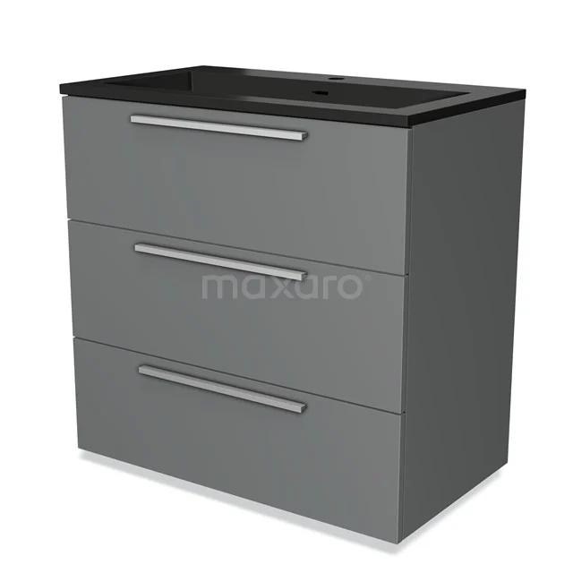 Modulo Vanity units with basin | 80 cm Mid grey Flat front Quartz 3 drawers BMW19-02209 Grey bathroom unit with black basin worktop, three drawers with metal handles, modern design in durable MDF material.