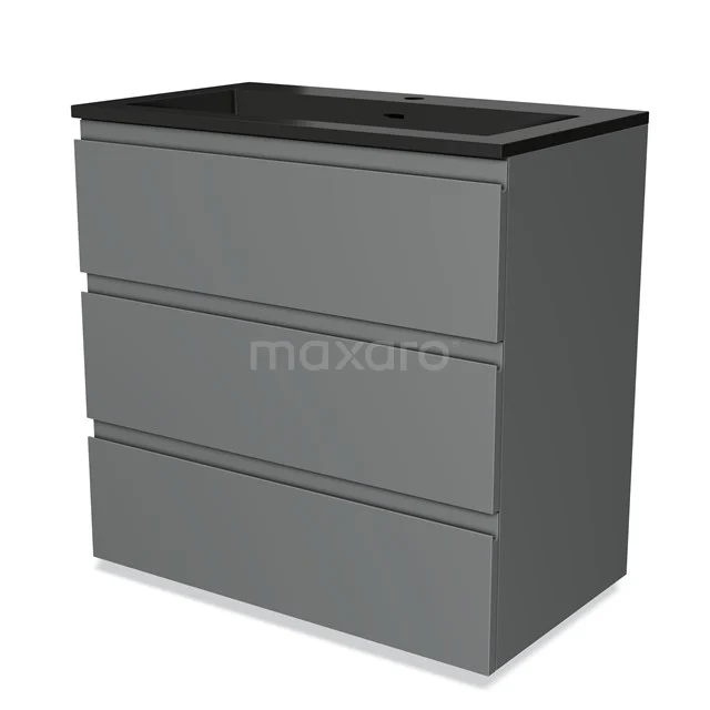 Grey Bathroom cabinet with soft-close drawers, matte finish and black integrated basin worktop, ideal for modern bathrooms.