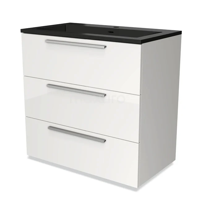 Weißer Badschrank mit drei Schubladen und einer schwarzen Waschtischplatte, modernes Design, ideal zum Verstauen in modernen Bädern.