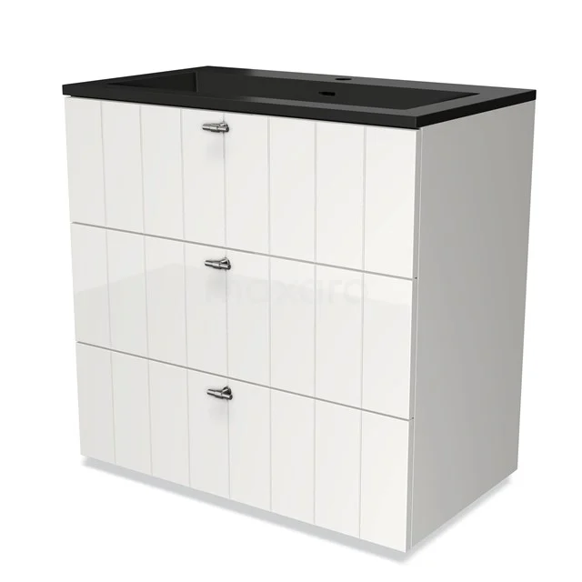 White bathroom cabinet with three drawers and black basin worktop, made of wood, suitable for modern bathroom storage.