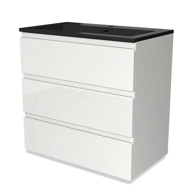 Modulo Bathroom furniture with sink | 80 cm High-gloss white Handle-less front Quartz 3 drawers BMW19-02214 White bathroom unit with three drawers and a black basin, modern design made of high-gloss material.