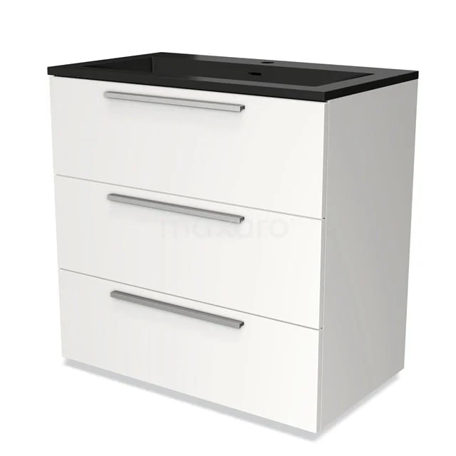 Badmöbel 80cm Modulo Matt Weiß 3 Schubladen Flaches Waschbecken Quarz BMW19-02215 Weißes Badezimmermöbel mit drei Schubladen und schwarzer Platte, modernes Design, ideal für Stauraum in einem stilvollen Badezimmer.