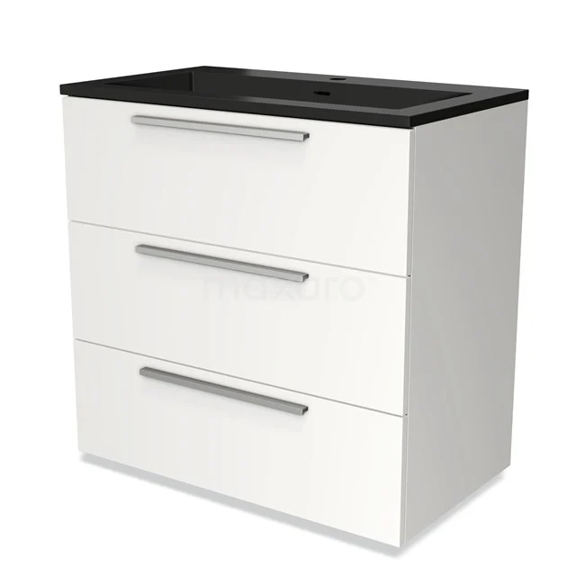 Weißes Badezimmermöbel mit drei Schubladen und schwarzer Platte, modernes Design, ideal für Stauraum in einem stilvollen Badezimmer.