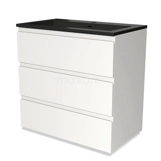 Weißes Badmöbel mit drei Schubladen und schwarzem Waschbecken, modernes Design, ideal für moderne Bäder.