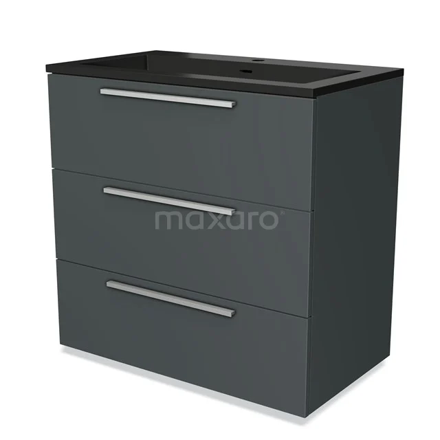 Dark grey vanity unit with black top, three drawers and sleek design, perfect for modern bathroom design.