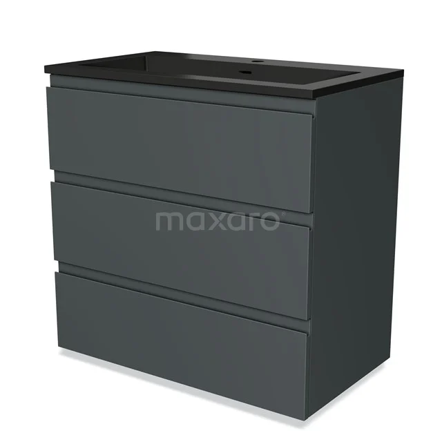 Dark grey bathroom cabinet with black basin, matte black surface, modern design and three drawers for practical storage space.