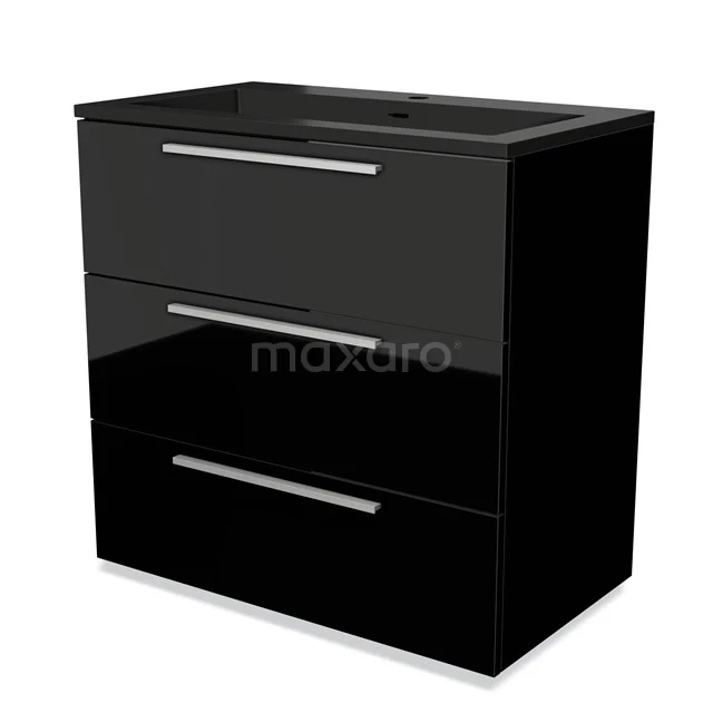 Schwarzer Badschrank mit glänzender Oberfläche, drei Schubladen und integriertem Waschbecken, modernes Design für funktionale Bäder.