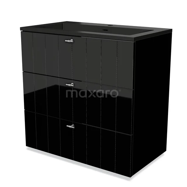 Modulo Bathroom furniture with sink | 80 cm High-gloss black Slat front Quartz 3 drawers BMW19-02222 Black glossy bathroom unit with built-in vanity units with basin, three drawers and sleek design for modern bathrooms.