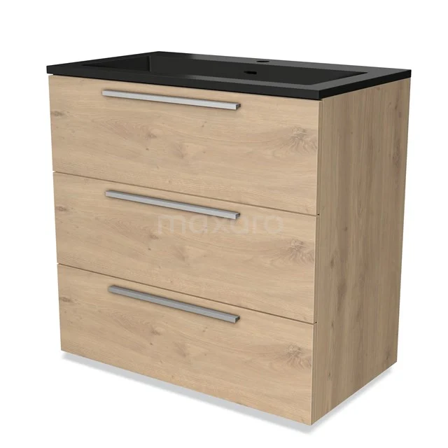 Modulo Vanity units with basin | 80 cm Light brown oak Flat front Quartz 3 drawers BMW19-02228 Wooden bathroom unit with three drawers, black basin worktop, Riva series; stylish and functional for modern bathrooms.