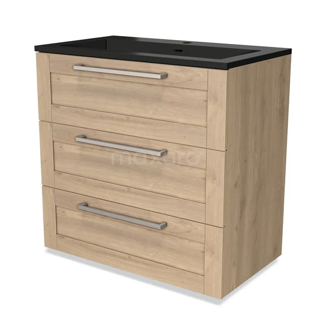 Wooden bathroom unit with three drawers, black top and integrated vanity units with basin, modern design.