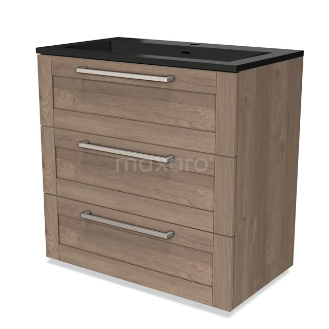 Wooden bathroom cabinet with black basin, 3 spacious drawers, modern design handles and natural finish for stylish bathrooms.