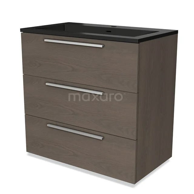 Modulo Vanity units with basin | 80 cm Dark brown oak Flat front Quartz 3 drawers BMW19-02232 Wooden Bathroom unit with three drawers, dark oak finish and black oak basin; modern design for stylish bathrooms.