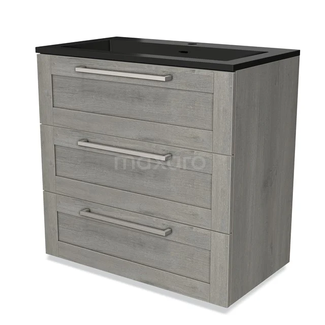 Grau Holz Badezimmermöbel mit schwarzem Waschbecken und drei Schubladen, modernes Design und schlichte Metall Haltegriffe.