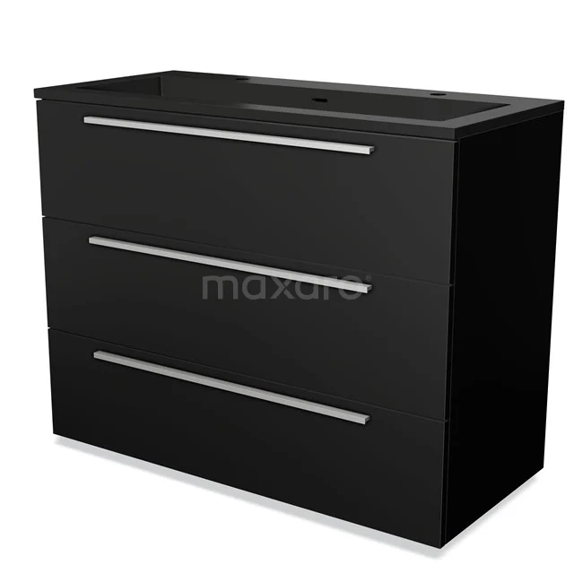 Black bathroom unit with modern drawer handles, matte finish and sleek design, perfect for a stylish bathroom interior.