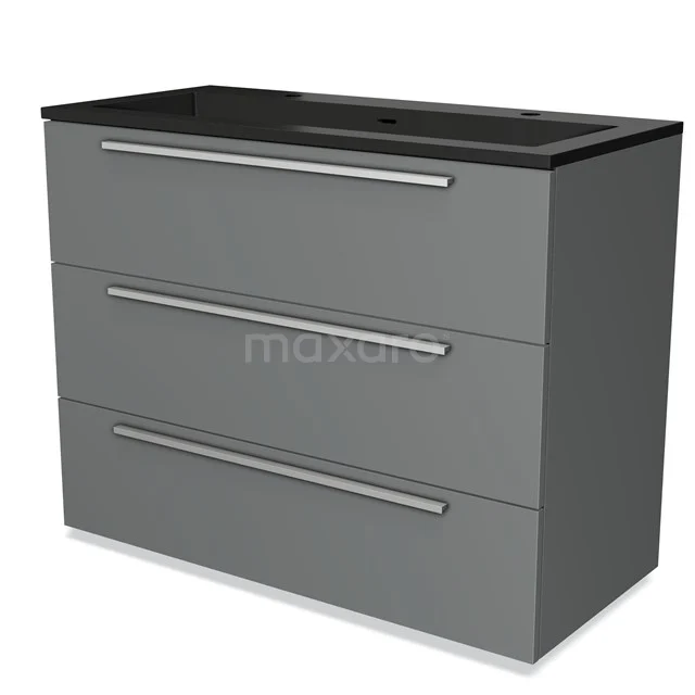 Grey bathroom unit with three drawers, black basin worktop and sleek handles, ideal for a modern bathroom style.